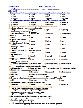 Bộ đề và đáp án kiểm tra số 1 Tiếng anh lớp 8